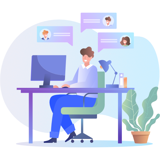 Illustration of a person working at a desktop computer with three customer chat bubbles above them