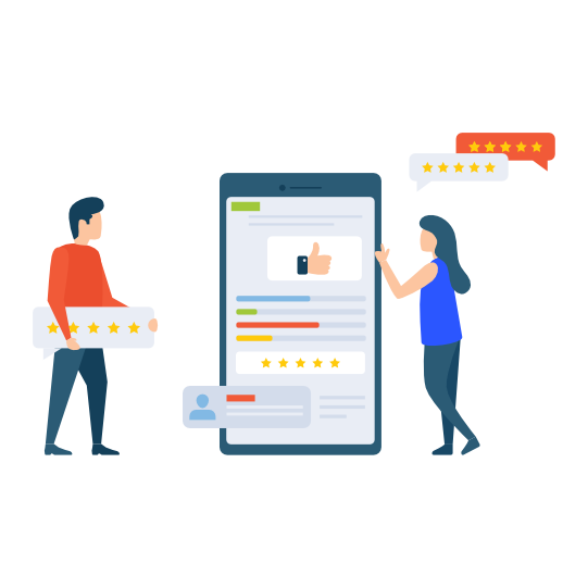 Illustration of two people beside a phone showing five-star review cards