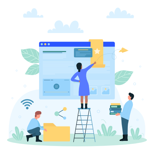 Illustration of a team building a web page, one person on a ladder pinning a star to it