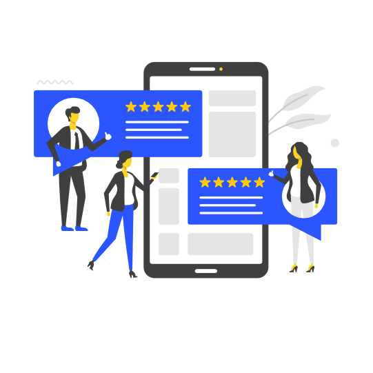 Illustration of two people beside a phone showing competing five-star review listings