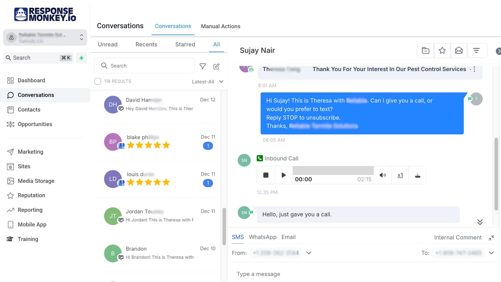 Response Monkey conversations inbox: a client message thread with SMS, WhatsApp and email tabs beside a list of recent five-star review replies